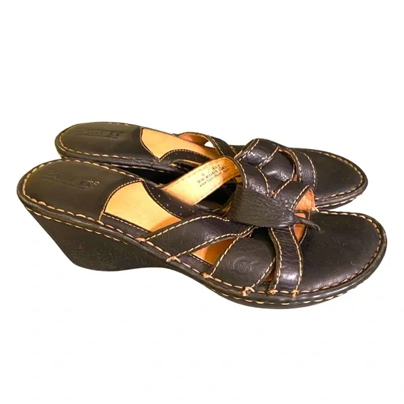Born Women’s Sandals Size 9 Leather Black Brown Wedge Slip On - Picture 1 of 7